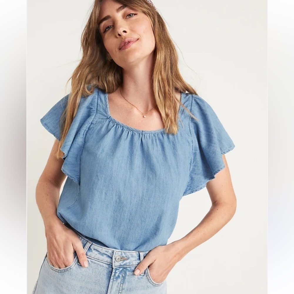 NWT Old Navy Cotton Chambray Boxy Flutter Sleeve Top XXL